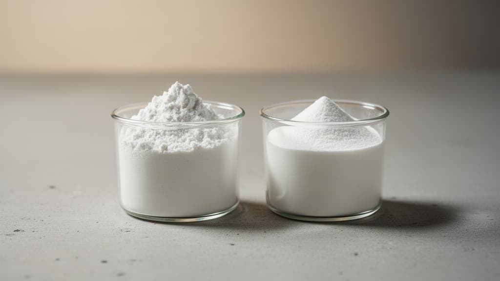 Duas béqueres de vidro com pó branco de proteína em fundo neutro e minimalista